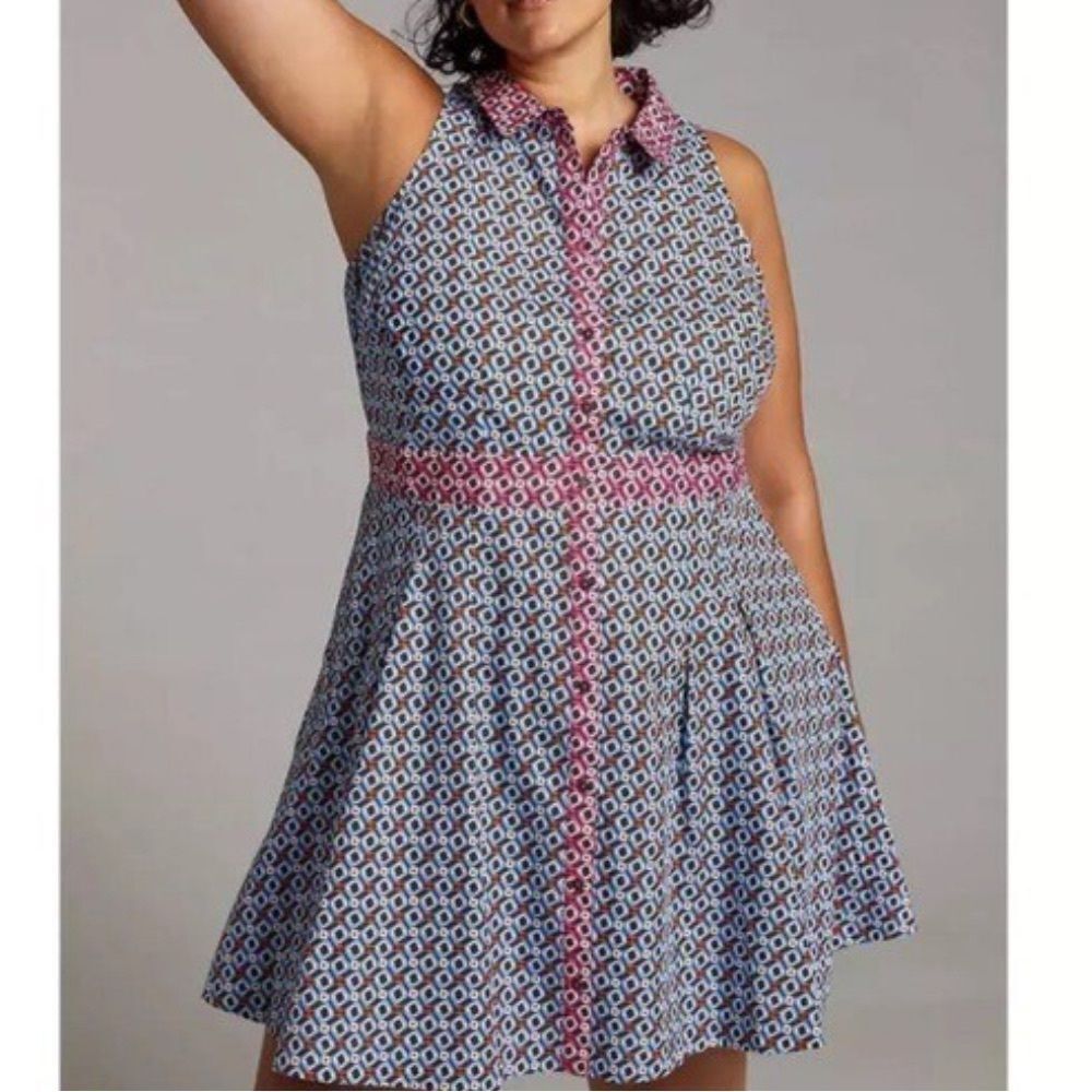 Maeve Anthropologie Buckley Button Front Mini Dress Blue Motif NWT 4